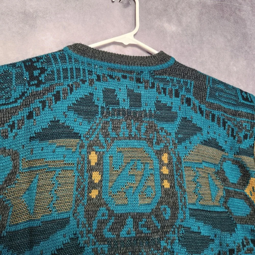 Saturdays Mens Vintage Teal Black Gold Geometric Pattern Knit Sweater size Large